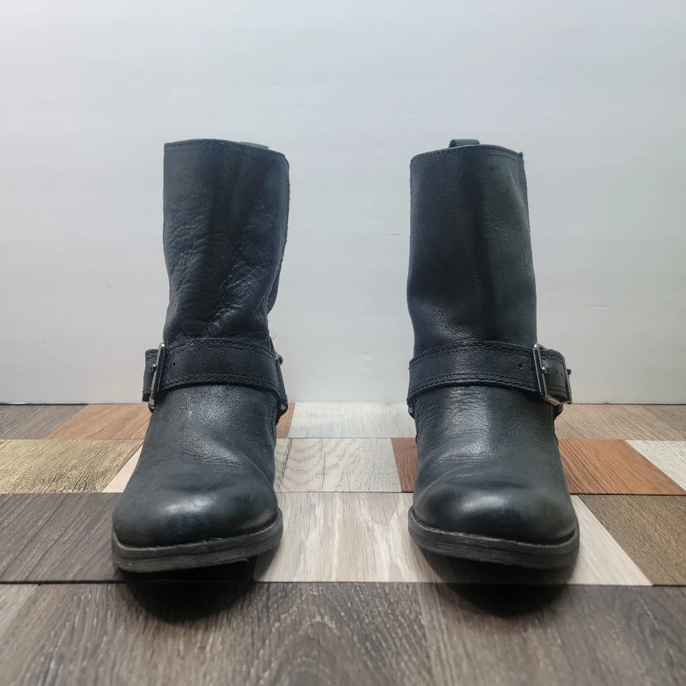 Women's Black Leather MOTO BOOTS 6M Biker Boots Side Buckle - Picture 2 of 5